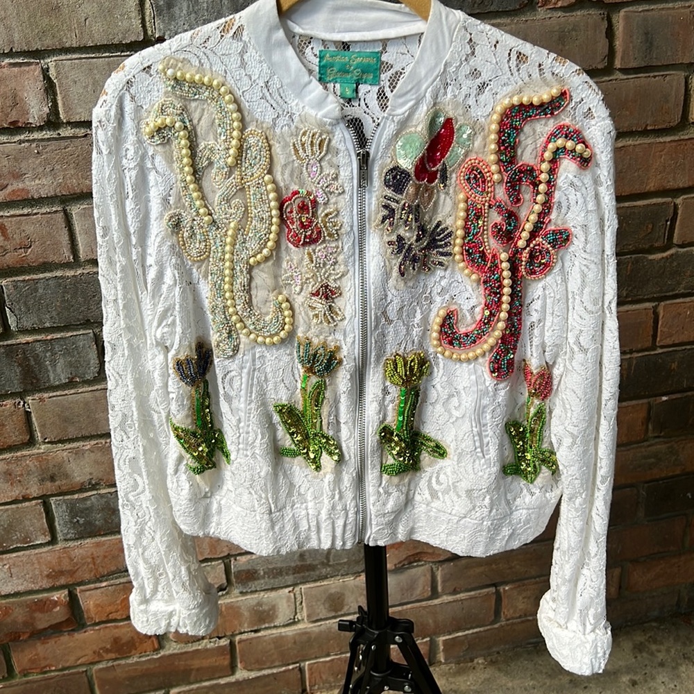 Antica Sartoria by Giacomo Cinque Embroidered Lace Beaded Zip Up Jacket
